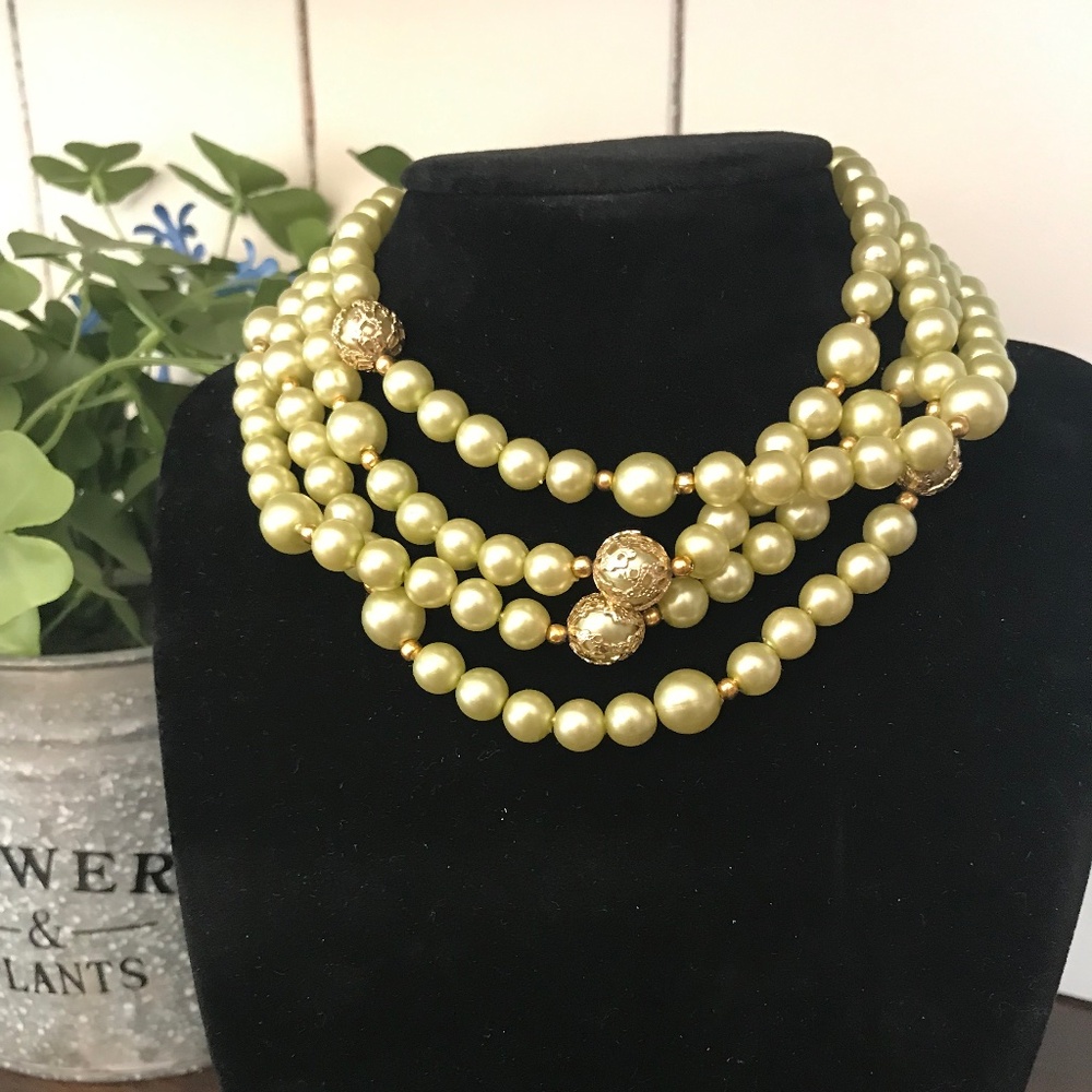 55" Vintage signed HONG KONG Pastel Green and Gold Tone beaded necklace